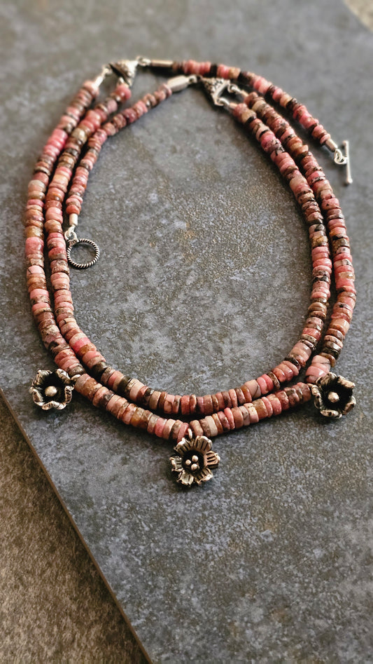 Mrinalini – Rhodonite & Hill Tribe Silver Necklace
