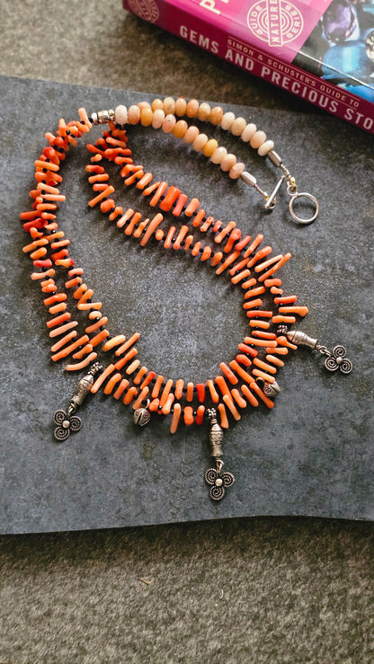 Italian Branch Coral & Silver Fish Necklace