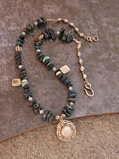 Apatite necklace mother of pearl nest pendant