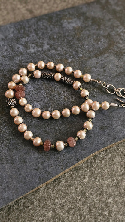 Champagne Pearl & Strawberry Quartz Statement Necklace