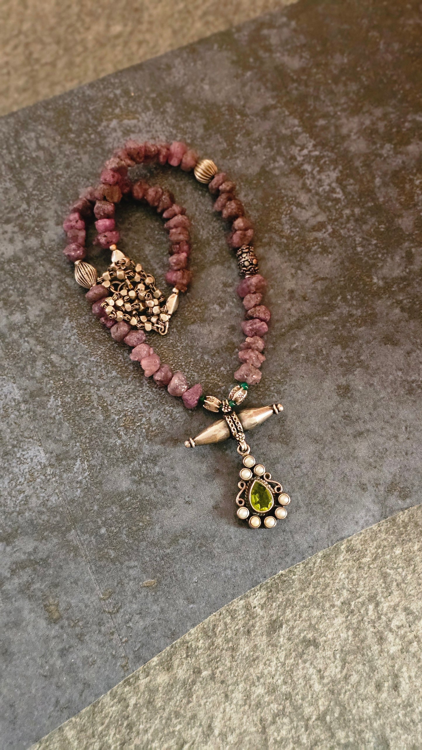 Rough uncut Ruby necklace with Peridot pendant