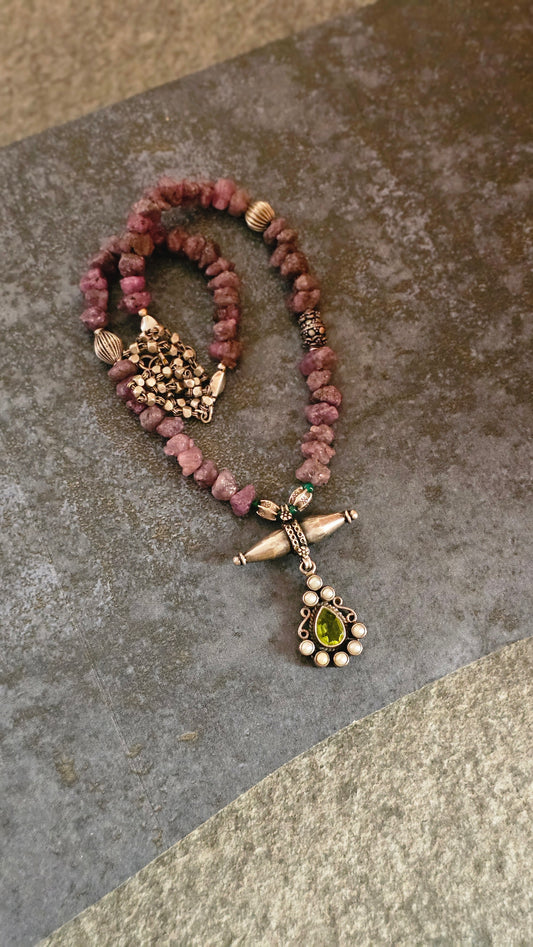 Rough uncut Ruby necklace with Peridot pendant