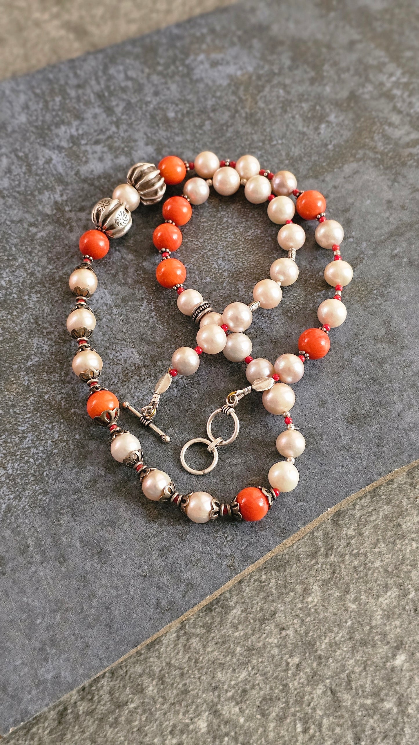 Champagne Pearl & Coral Statement Necklace