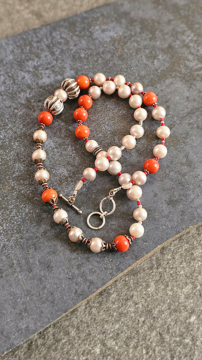 Champagne Pearl & Coral Statement Necklace