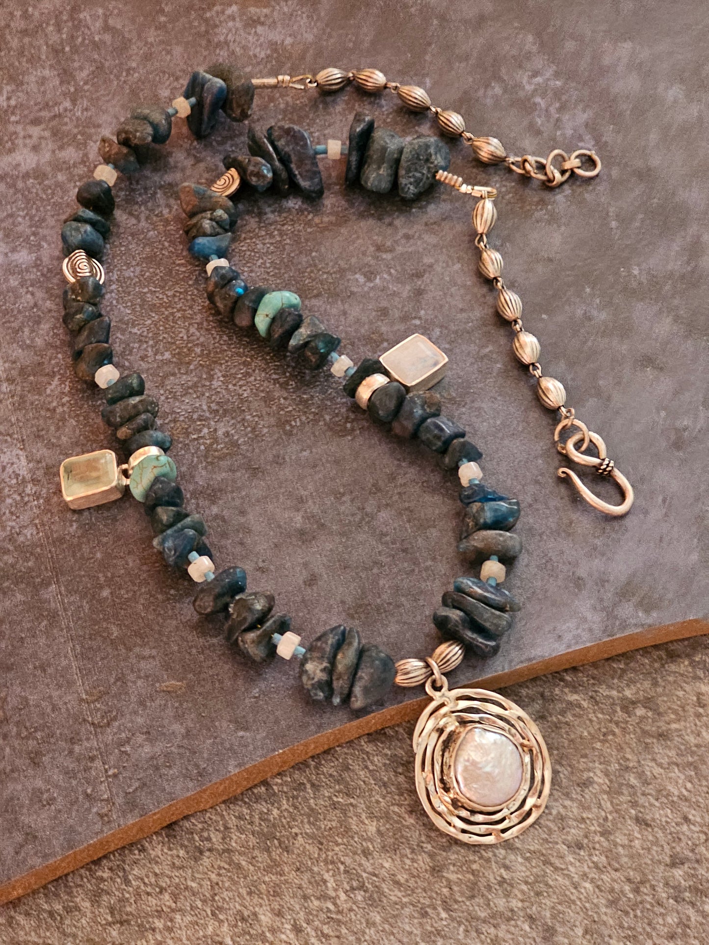 Apatite necklace mother of pearl nest pendant