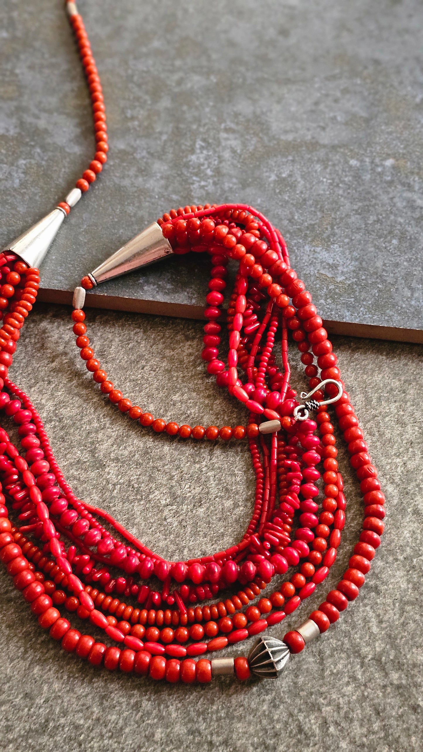SURKH | Multi-Strand Coral & Silver Necklace