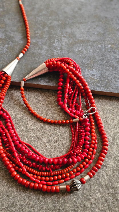 SURKH | Multi-Strand Coral & Silver Necklace