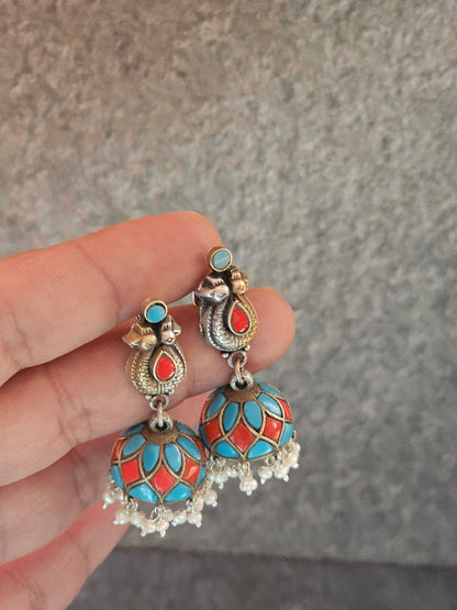 Turquoise and coral silver fusion jhumkas