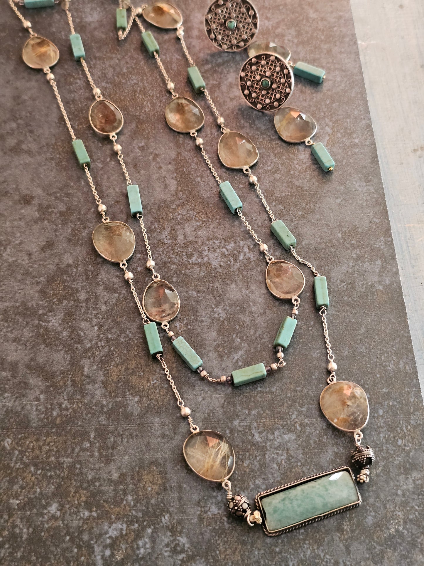 Golden Rutailed quartz,turquoise tubes layered necklace with a bar pendant