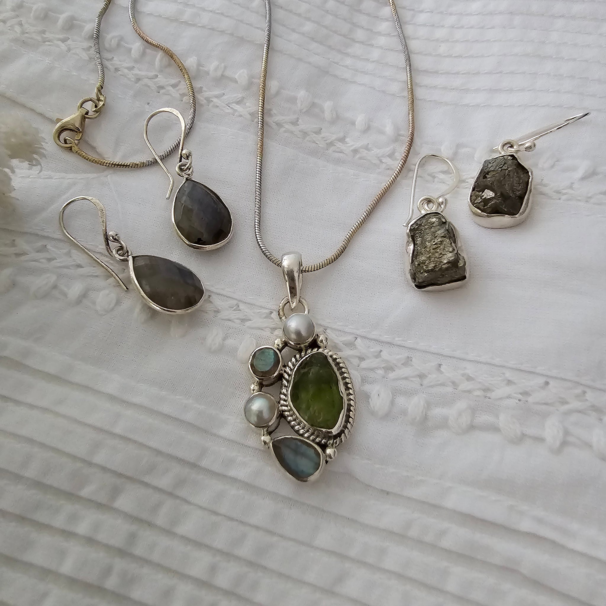 Silver 92.5 Pyrite bezel necklace set