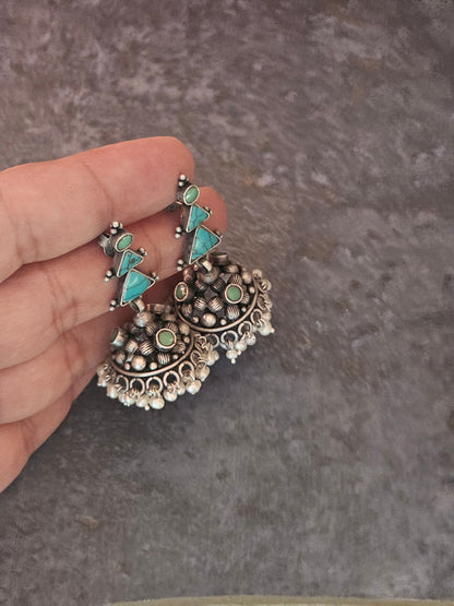 Turquoise silver jhumkas