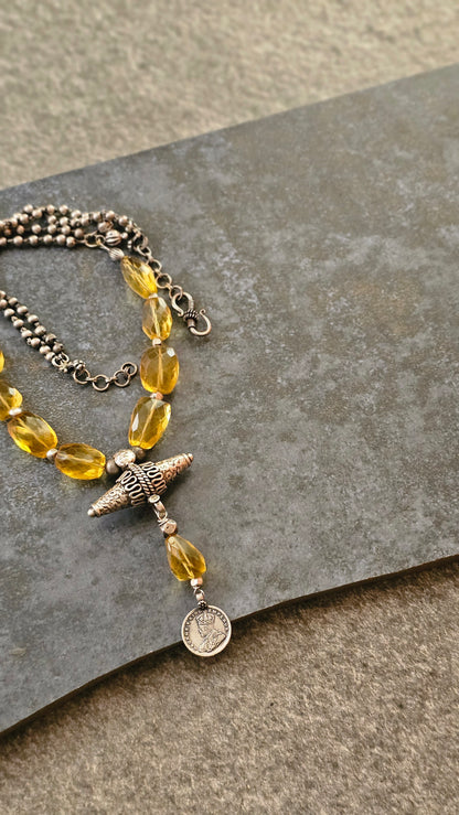 Yellow citrine quartz necklace vintage silver coin pendant