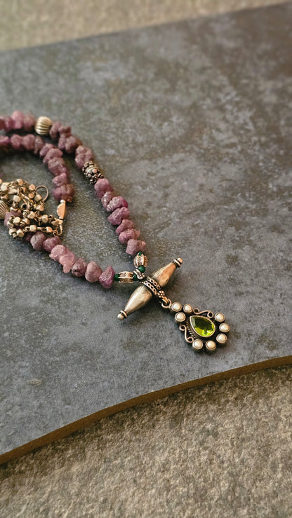 Rough uncut Ruby necklace with Peridot pendant