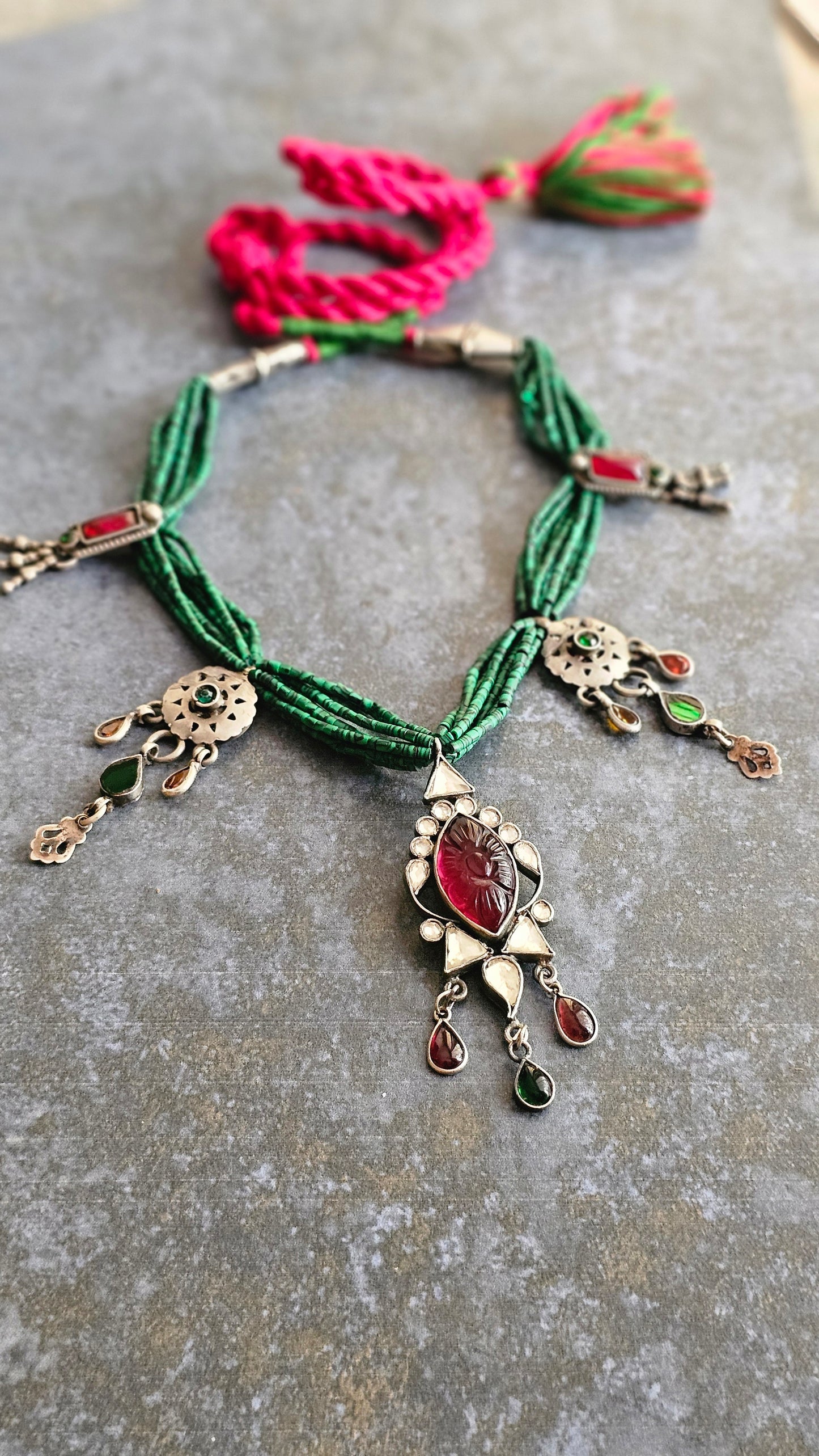 Malachite carved garnet and vintage silver necklace