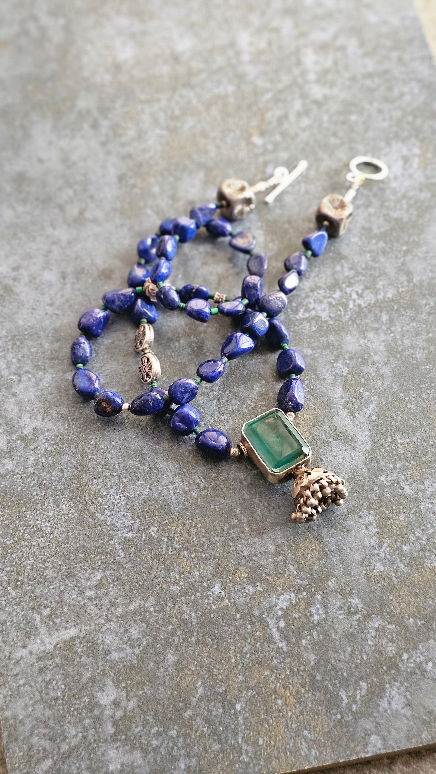 Lapis lazuli nuggets necklace vintage silver pendant