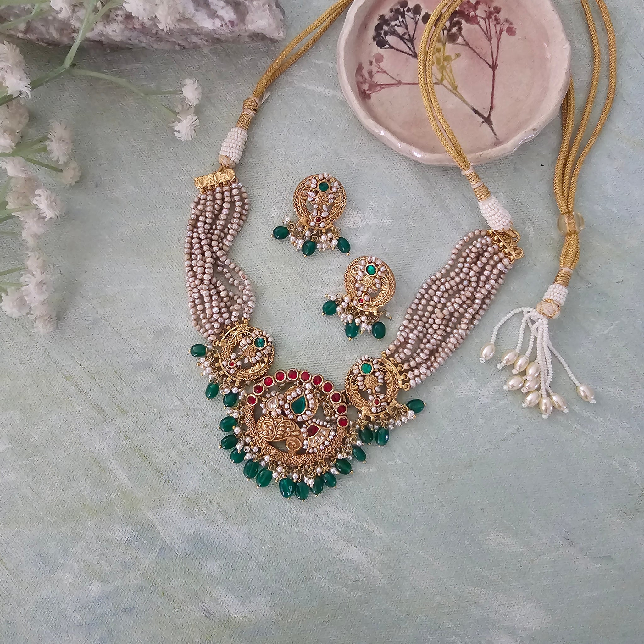 Silver 92.5 kundan gold polish necklace set with basra pearls