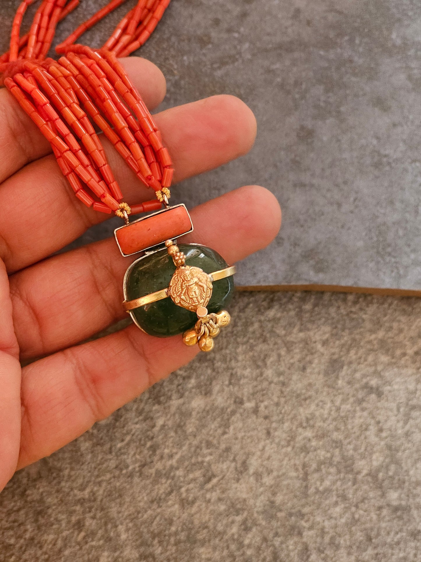 Italian Coral strings with emerald tumble